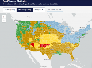 Map of the United States with a color-coded sequence of counties based on the Pond and Lake Turnover Risk Index.