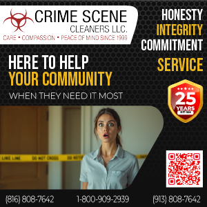 A property manager stands outside of an apartment with caution tape with a shocked look on her face