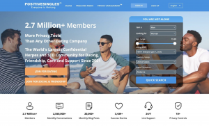 Homepage of PositiveSingles dating platform showing diverse adults socializing outdoors, highlighting 2.7 million members, privacy controls, and a confidential STD dating and support community.