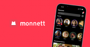 Monnett logo with early alpha app interface showing chronological, post-algorithm social network feed
