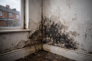 Black mould and damp damage on an internal wall and skirting board near a window in a residential property.