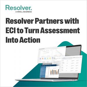 Image showing the Resolver logo with the text: "Resolver Partners with ECI to Turn Assessment Into Action." Below the text is an open laptop displaying various dashboards, charts, and data visualizations related to ethics and compliance program assessment