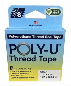 Blue and yellow box which holds a roll of Poly-U Thread Tape