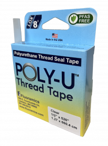 Blue and yellow box which shows end of tape threaded out the side of the box.