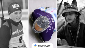 A collage featuring Ukrainian skeleton racer Vladyslav Heraskevych on the track with his tribute helmet, alongside portraits of biathlete Yevhen Malyshev and track and field athlete Kateryna Troian, both of whom are depicted on the helmet.