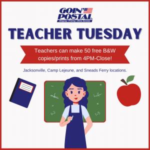 Flyer for Teacher Tuesday at Goin' Postal