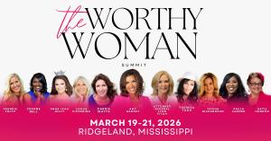 Event banner for the Worthy Woman Summit 2026 displaying speaker headshots including Amy Ramsey, Lynn Fitch, Anna Leah Jolly, Paula Farmer, Trisha Richardson, and others, with event dates March 19–21 in Ridgeland, Mississippi.