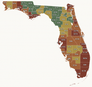 A color coded Florida County Map showing Residential Vacant Land Sales by Price Per Acre 2026