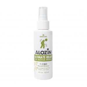 White bottle of Zion Health Alozin Ultimate Relief Spray CBD Plus, a CBD-infused topical spray for muscle soreness and stiffness.