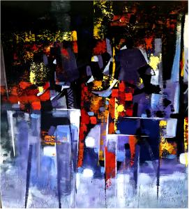 Abstract contemporary painting Cabals vs The Pawns by I-54 artist Michael Echekoba featuring bold purple blue red yellow geometric forms on black background