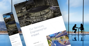 Multiple device mockups displaying the new Sentech website featuring structural glass solutions, shown against a coastal background with silhouettes of people at a waterfront café. The responsive design showcases desktop and mobile views highlighting arch