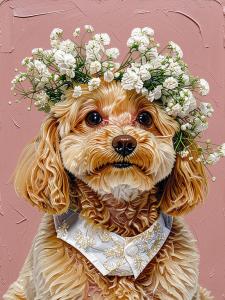 AI-generated romantic portrait of a golden doodle wearing a floral crown and lace collar, created with PawFav