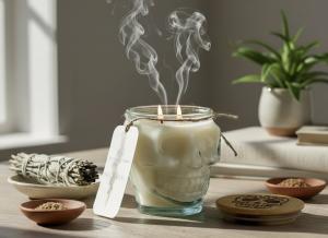 A single white candle in a clear sugar skull jar with smudging supplies