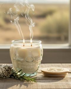 A single pure white candle in a clear sugar skull jar sits in front of a window