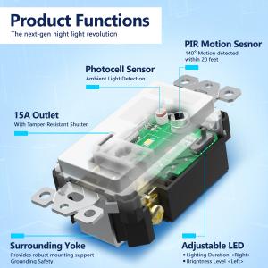 Internal view of a 15A in-wall guide light outlet with PIR motion sensor, photocell light sensor, tamper-resistant receptacle, and adjustable LED night light controls.