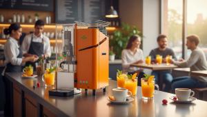 Fresh’n Squeeze® 1800 professional citrus juicer on the counter of a restaurant after orange juice was made fast, service still flying.