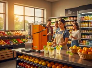 Fresh’n Squeeze® 1800 on the counter of a grocery store fresh lemonade flowing, customers happy, profits growing.