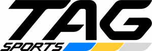 TAG Sports text in black font over the top of three multicolored dashes.