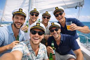 men wearing captain hats on a private sailboat rental celebrating the 2026 World Cup NYC