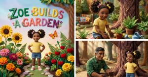 Collage showing the cover and interior pages of the personalized children’s book “Zoe Builds a Garden,” featuring the same child character and tree setting across different scenes.