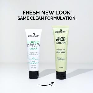 Side-by-side comparison of the original white Zion Health Hand Repair Cream tube and the new light green repackaged version, labeled "Fresh New Look, Same Clean Formulation".
