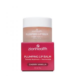 Zion Health Plumping Lip Balm Cherry Vanilla jar placed on top of its red product box against a white background.
