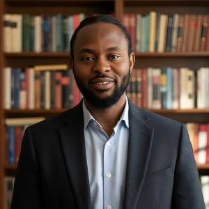 Portrait of Philip Onyeagolu, author of Don’t Eat To Live, Eat To Thrive, standing in front of a bookshelf in professional attire.