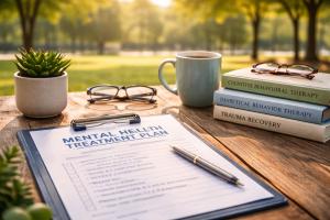 Clipboard labeled mental health treatment plan beside books on cognitive behavioral therapy, dialectical behavior therapy, and trauma recovery.