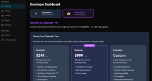 Smart Banner Hub Clustrauth API Developer Dashboard showing Developer, Business, and Enterprise subscription plans for quantum-safe document signing