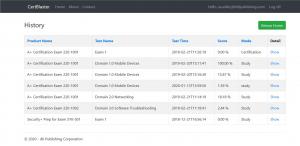 This is a screenshot of CertBlaster History feature that saves all the scores and reports for each practice session.