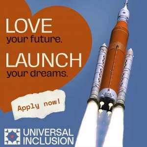 Graphic featuring a large orange heart on the left with the words “LOVE your future. LAUNCH your dreams.” in bold white and black text. On the right, a powerful orange and white rocket launches upward with bright flames against a blue dotted background. T