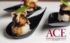 Vibrant Occasions Catering's FUSION360° event named 2026 finalist for Catered Micro Event of the Year. Featured in this photo: East Meets West Pork Belly. Photo by Lori Sparkman Photography.