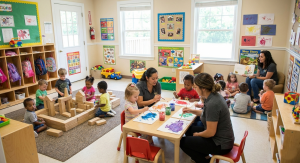 Group of young children and teachers in a colorful daycare classroom, with kids painting at a table, building with blocks on the floor, and listening to a story in a reading corner, representing a high-quality local childcare provider highlighted on MYTSV