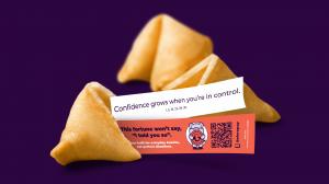 Three fortune cookies on a purple background, with one open to reveal a Beforepay message strip and QR code promoting transparent lending.