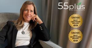 Debra Dullaghan - Founder of 55plus CBD Sitting in chair and smiling