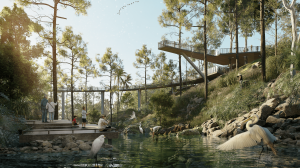 Visitors walking along elevated boardwalks at Luana Farms landscape-led development in Batangas, Philippines.