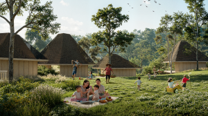 Families gathering within nature-integrated residential clusters at Luana Farms in the Philippines.