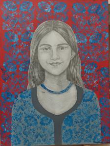 Autoportrait au graphite intitulé La Fille Qui Peint Son Âme par l’artiste singapourienne de 12 ans Aaradhya Sunder, exposé à Art Capital Paris 2026.