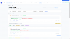 Screenshot of AssessOS Triage Queue interface displaying 159 total findings across 6 patterns. Shows HIGH severity finding for Outdated CrowdStrike Sensor with 47 instances and CRITICAL finding for Prevention Policy Disabled. Each finding displays expecte