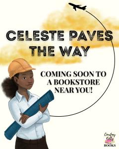 Celeste standing with plane flying the background announcing the release of the new book