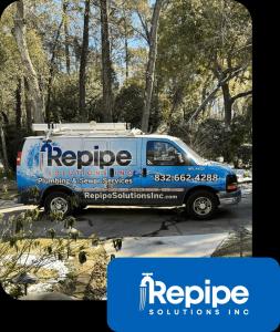 Repipe Solutions Inc plumbing and sewer service van at residential property in New Caney TX for whole house repiping service