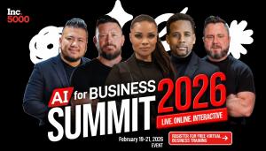 Promotional graphic for AI For Business Summit featuring Inc 5000 logo, event dates February 19-21 2026, and registration call-to-action for free virtual business training event