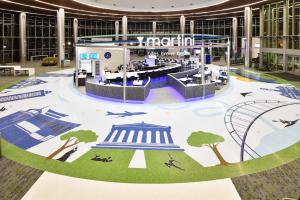 Circular, colorful medallion in terrazzo showing iconic architecture of Nashville
