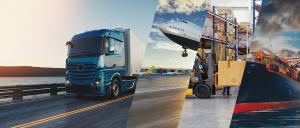 Collage illustrating key elements of global supply chains: cargo ships, trucks, airplanes, and warehouses representing multimodal freight transportation.