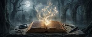 Tabirly 'Karanlık İlimler' ve 'Gizemler' kategorilerini simgeleyen görsel: İçinden parlayan okült sembollerin yükseldiği açık bir kadim büyü kitabı (grimoire) ve etrafındaki ezoterik objeler.