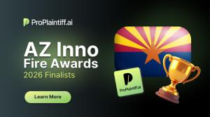 ProPlaintiff Announced as Inno Fire Awards Finalist graphic over a dark background featuring the proplaintiff logo and Arizona Flag