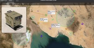 UNIFY.C2 common operational picture interface displaying a map with multiple tracked aircraft and drones, sensor coverage zones, and labeled aerial targets, alongside an inset image of the NIJA counter-UAS hardware unit from Black River Systems.