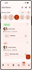 Date Planner screen in the Swept app showing February 2026 with approved and sent date plans, including times and meeting locations, and a bottom navigation bar with the Dates tab selected.