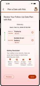 Plan a Date screen in the Swept app showing a follow-up date itinerary with restaurant and gallery stops, plus built-in safety reminders and send button.