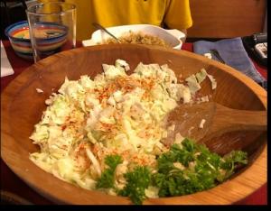 Bowl of homemade coleslaw served for a child, made with shredded cabbage from a NutriHarvest-grown harvest.